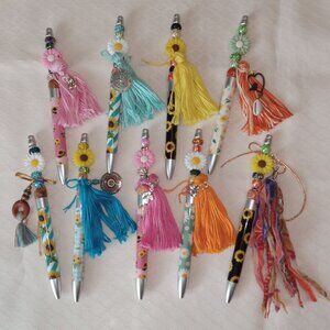 Sunflower Bling Ink Pen Handmade Tassle + Charms Bling Bead 1 Each New PEN1.